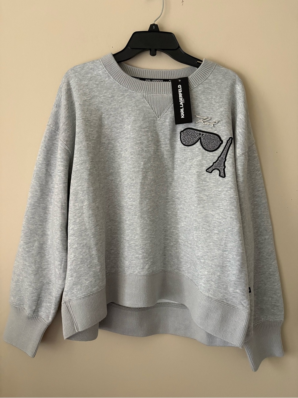 Karl Lagerfeld Heather Gray Crewneck Sweatshirt with Embroidered Icons Sz. L New